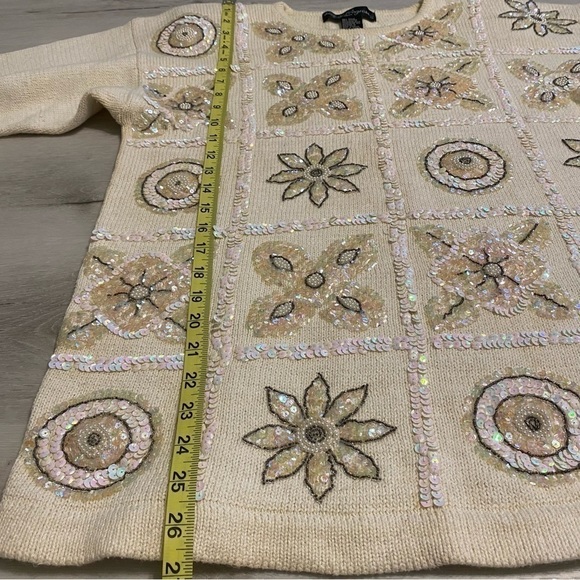 Vintage Work In Progress Ivory Sequin Beaded Cotton Blend Crewneck Sweater, M - Picture 9 of 10